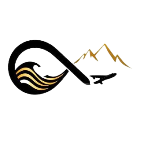 Логотип №1: бесконечность (чёрная), волны и горы — золото, самолёт — чёрный, прозрачный фон